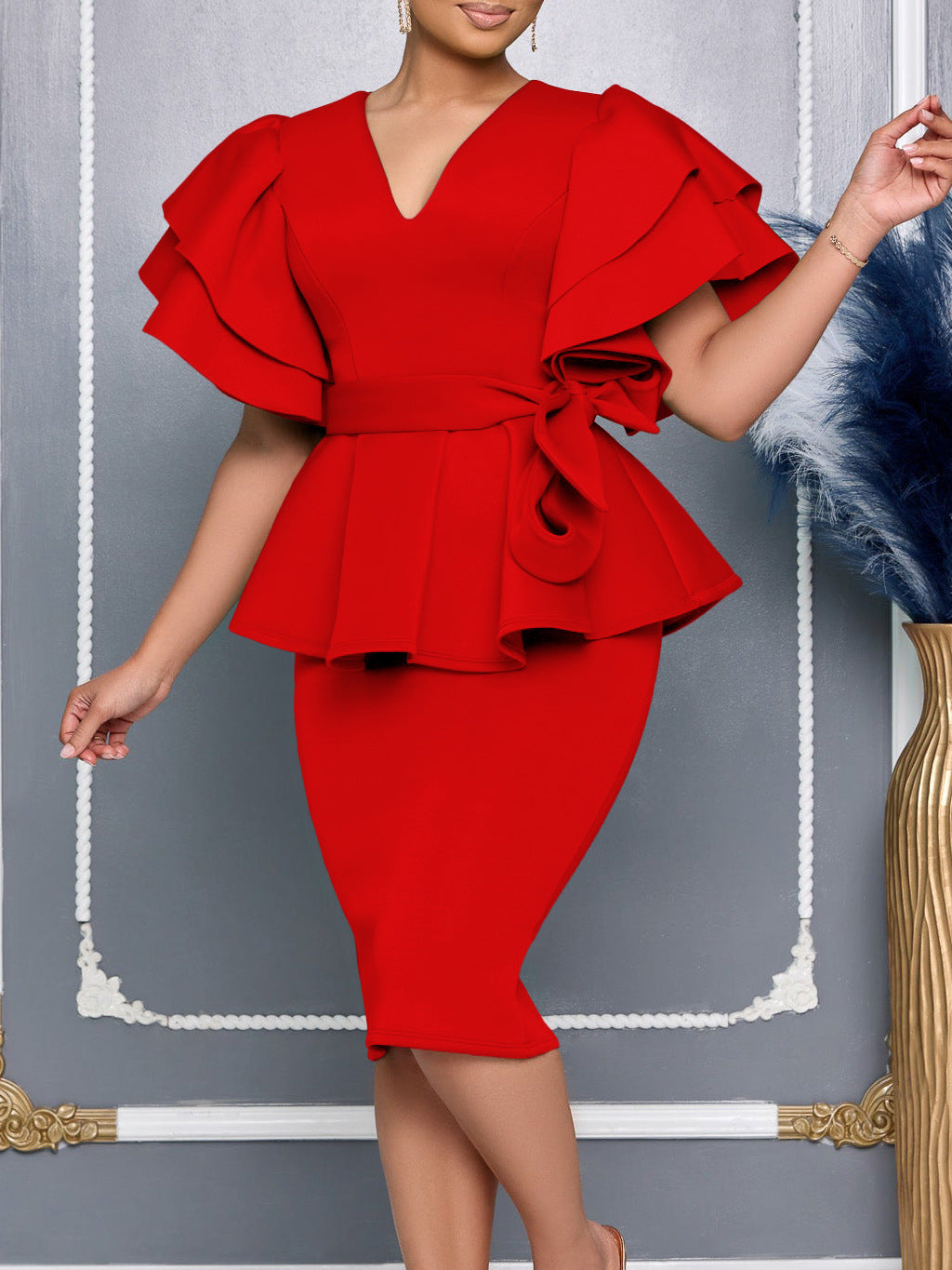 Women elegant ruffled solid bodycon formal party dress 8