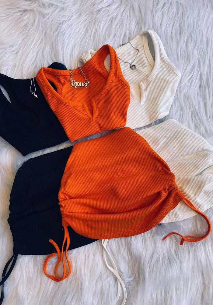 Women's Fashion Casual Suit Tank Top Drawstring Bodycon Skirt Two Piece Set