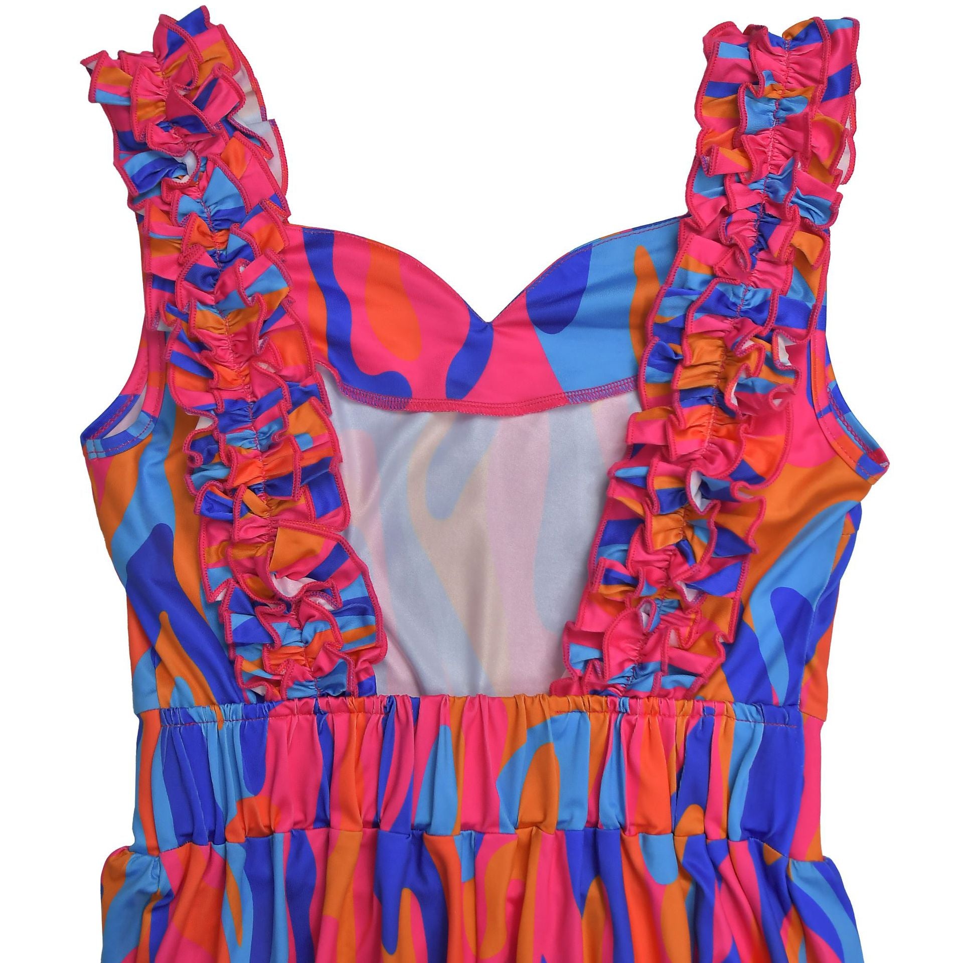 Women elegant ruffled shoulder strap printed dress 13