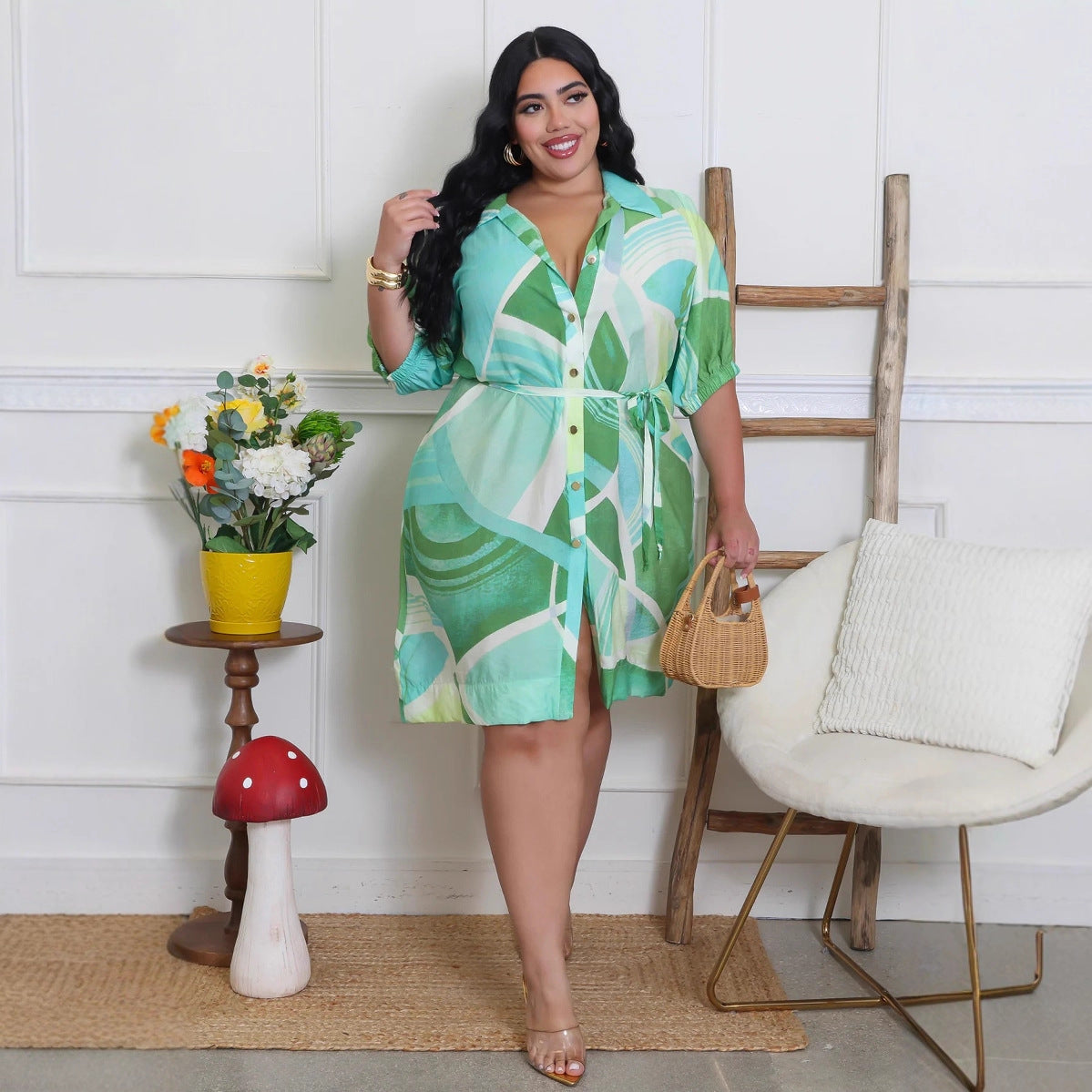 Women's Trendy Print Half-Sleeve Turndown Collar Plus Size Shirt Dress 6