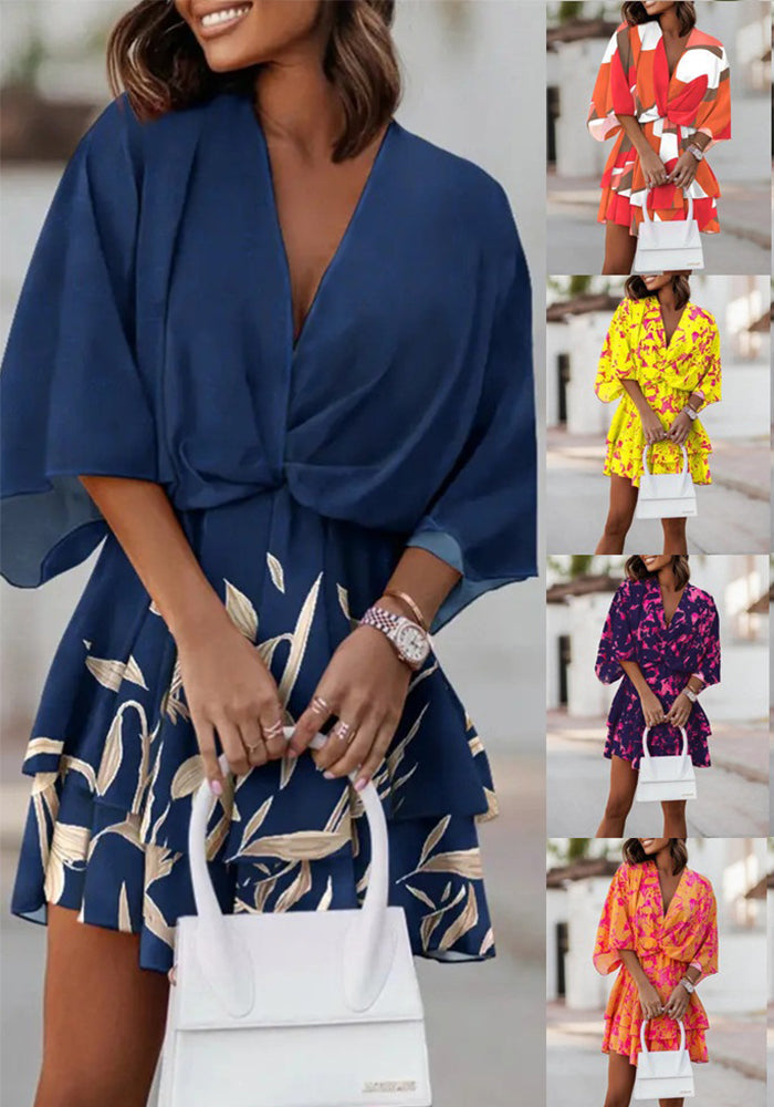 Autumn V-Neck Loose Bat Sleeves Print Dress Women's Clothing