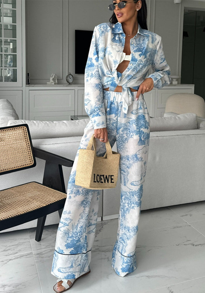 Women's Paint Print Turndown Collar Shirt High Waist Trousers Fashion Two-Piece Suit
