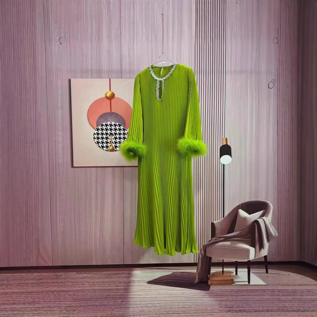 Plus Size Women Round Neck Ostrich Feather Dress 15