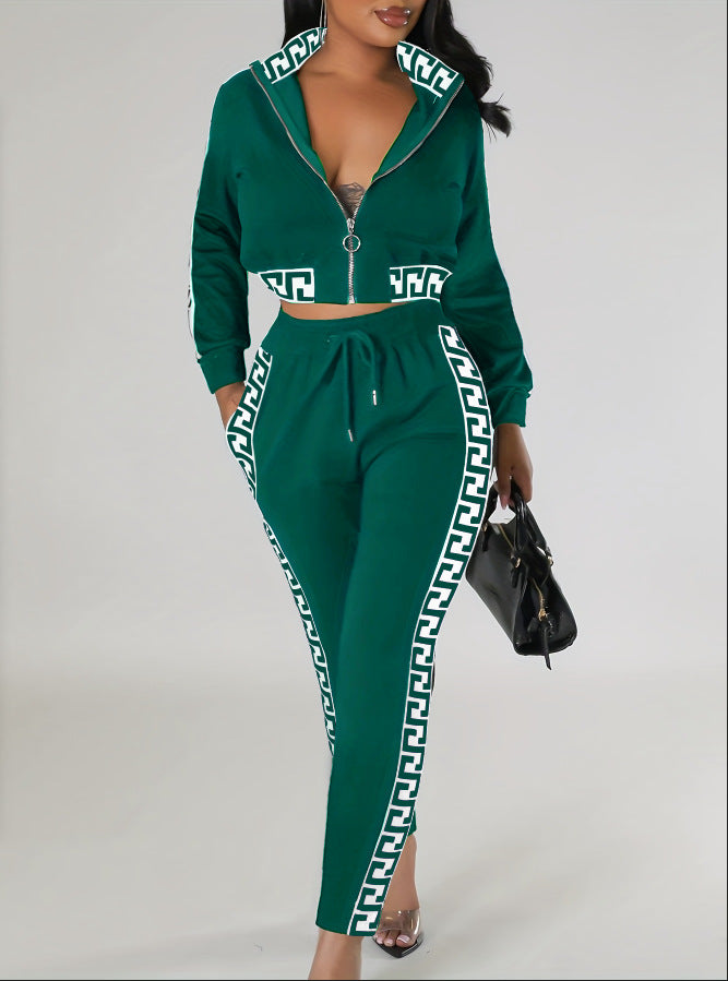 Spring Autumn Fashion Casual Patchwork Zipper Top Trousers Two-Piece Set 7