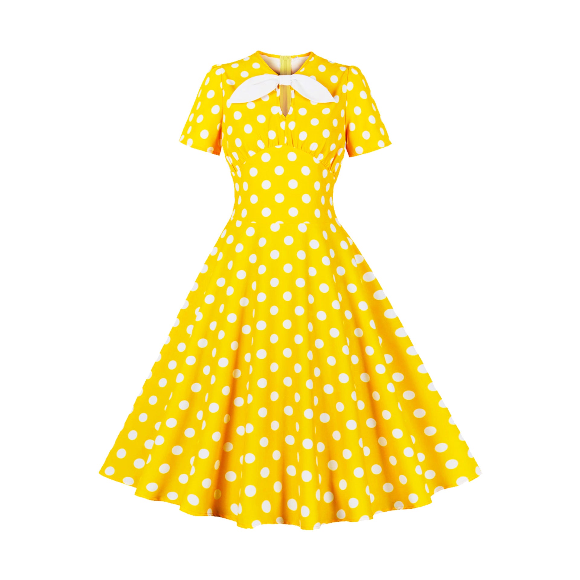 Women Round Neck Bow Tie Polka Dot Short Sleeve Dress 9