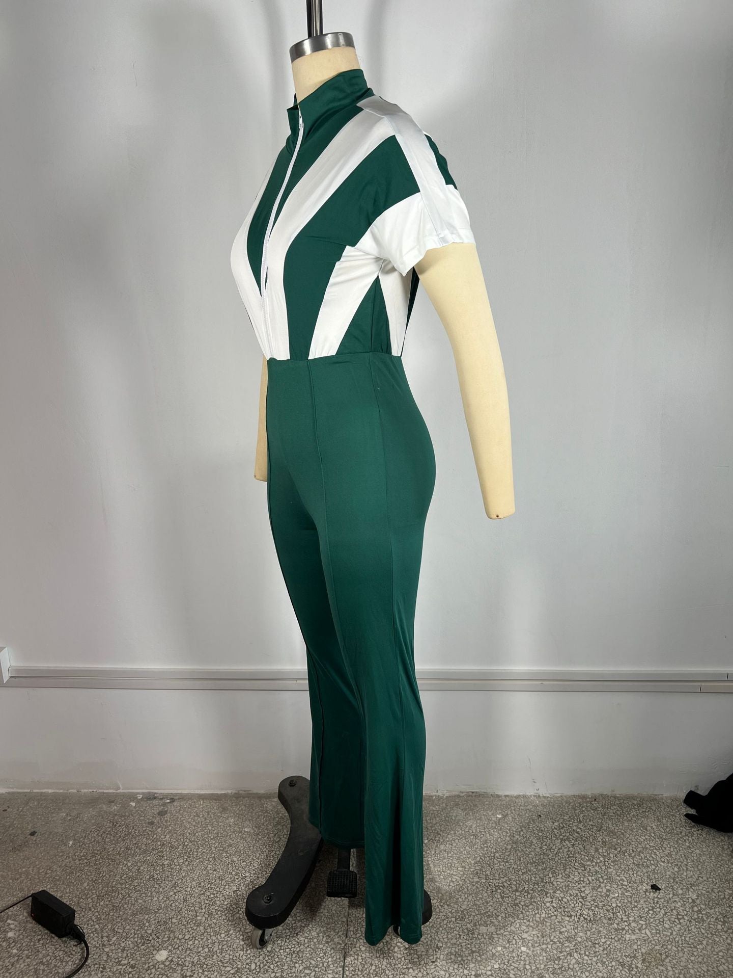 Women's turndown collar zipper patchwork bell bottom Jumpsuit 9