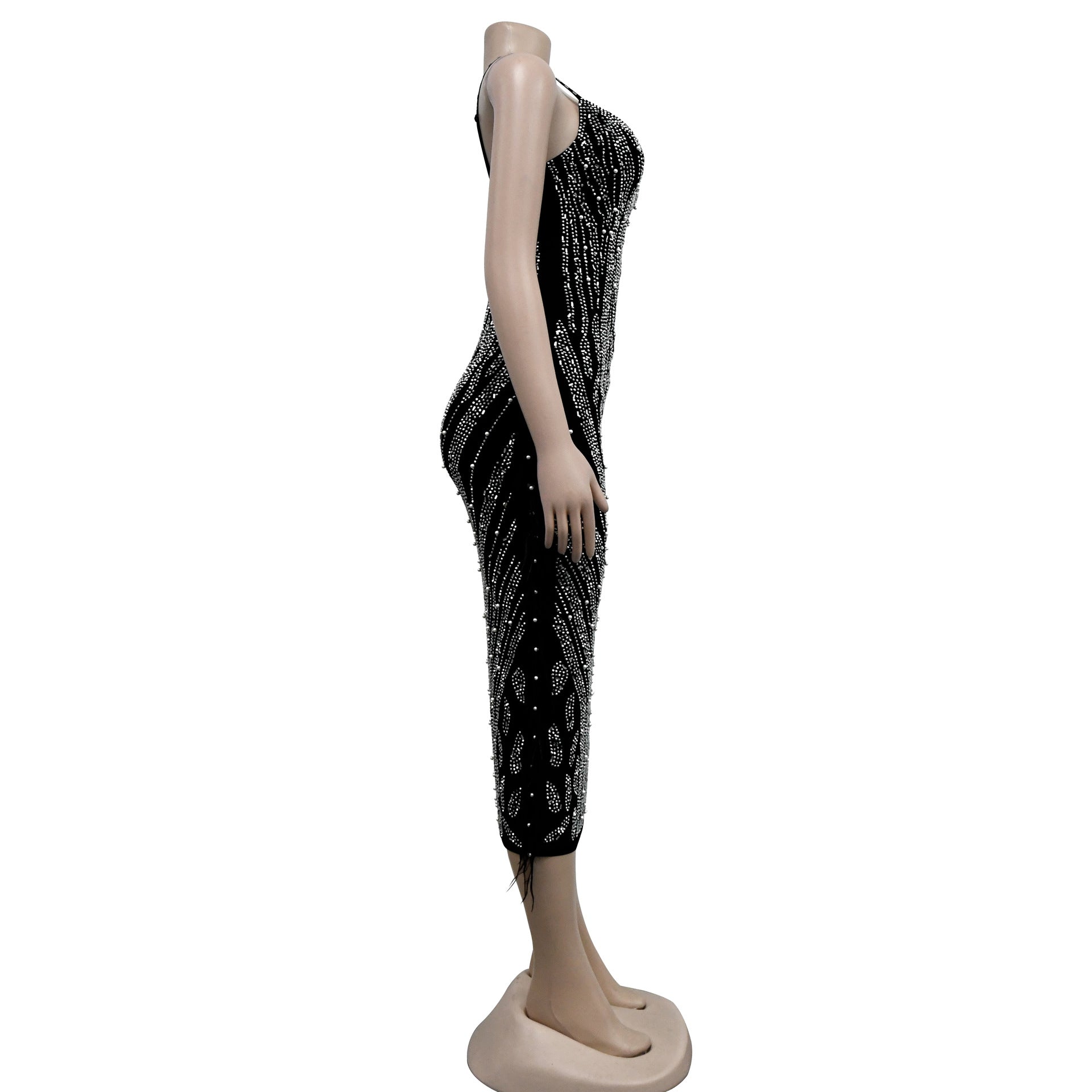 Women's Fashion Solid Color Camisole Sleeveless Mesh Beaded Maxi Dress 10