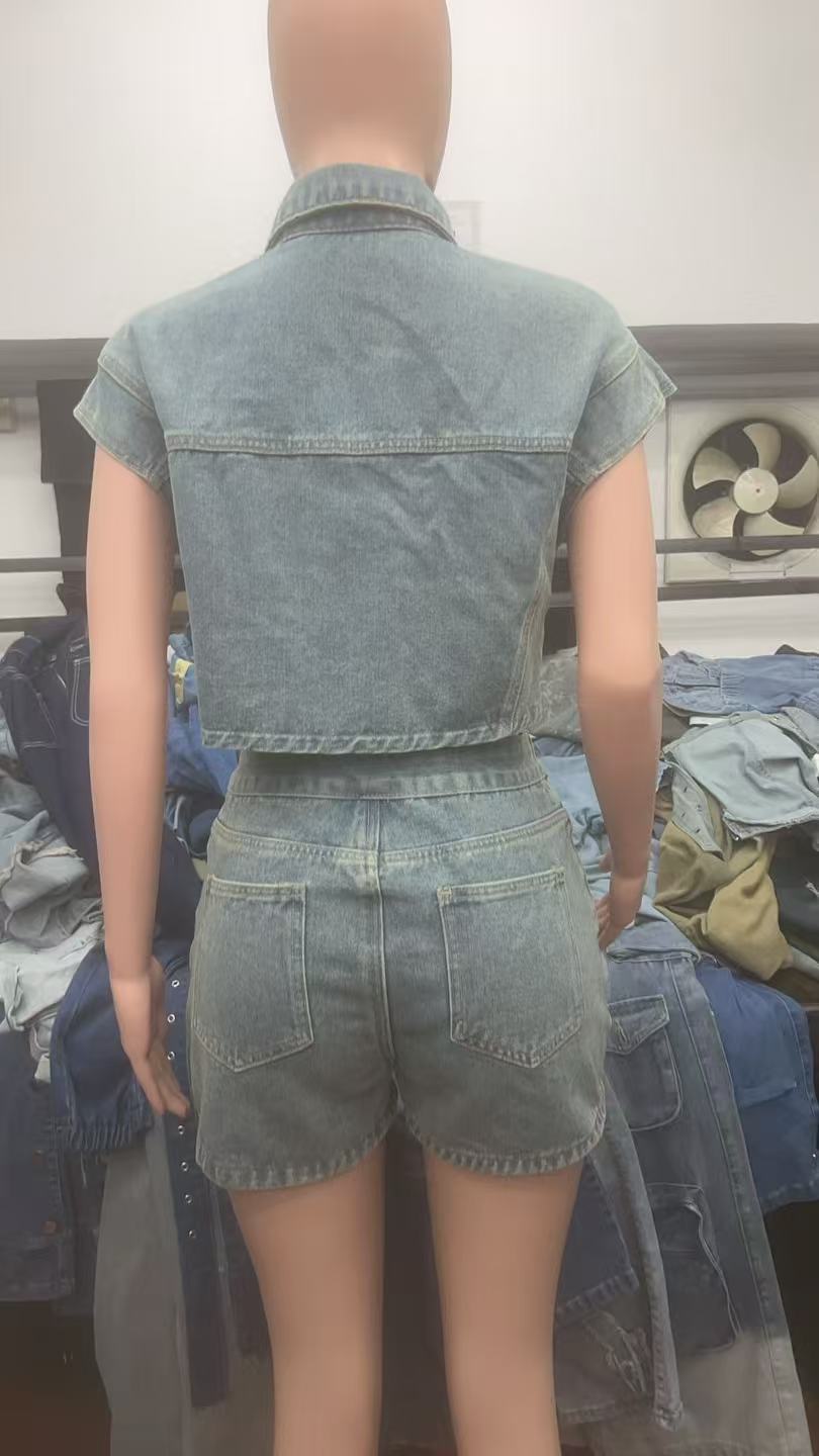 Women's fashion casual elastic denim color matching two-piece shorts set 9