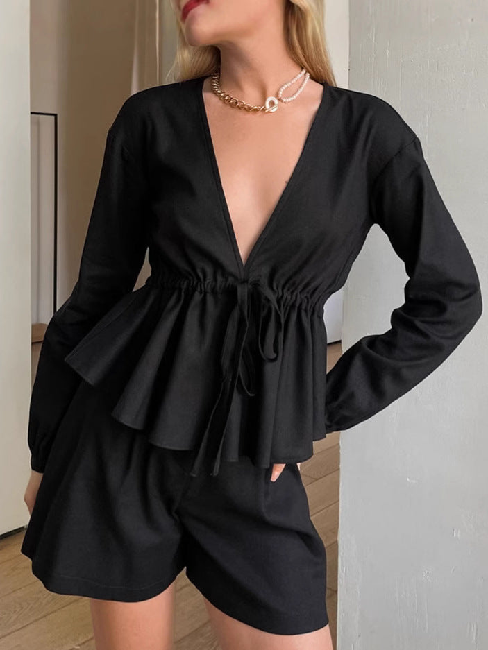 Black V-Neck Linen Long Sleeve Top Shorts Autumn And Winter Fashion Two-Piece Set