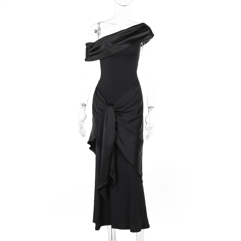 One Shoulder Mesh Ribbon Chic Slim Fit Black Long Dress 10
