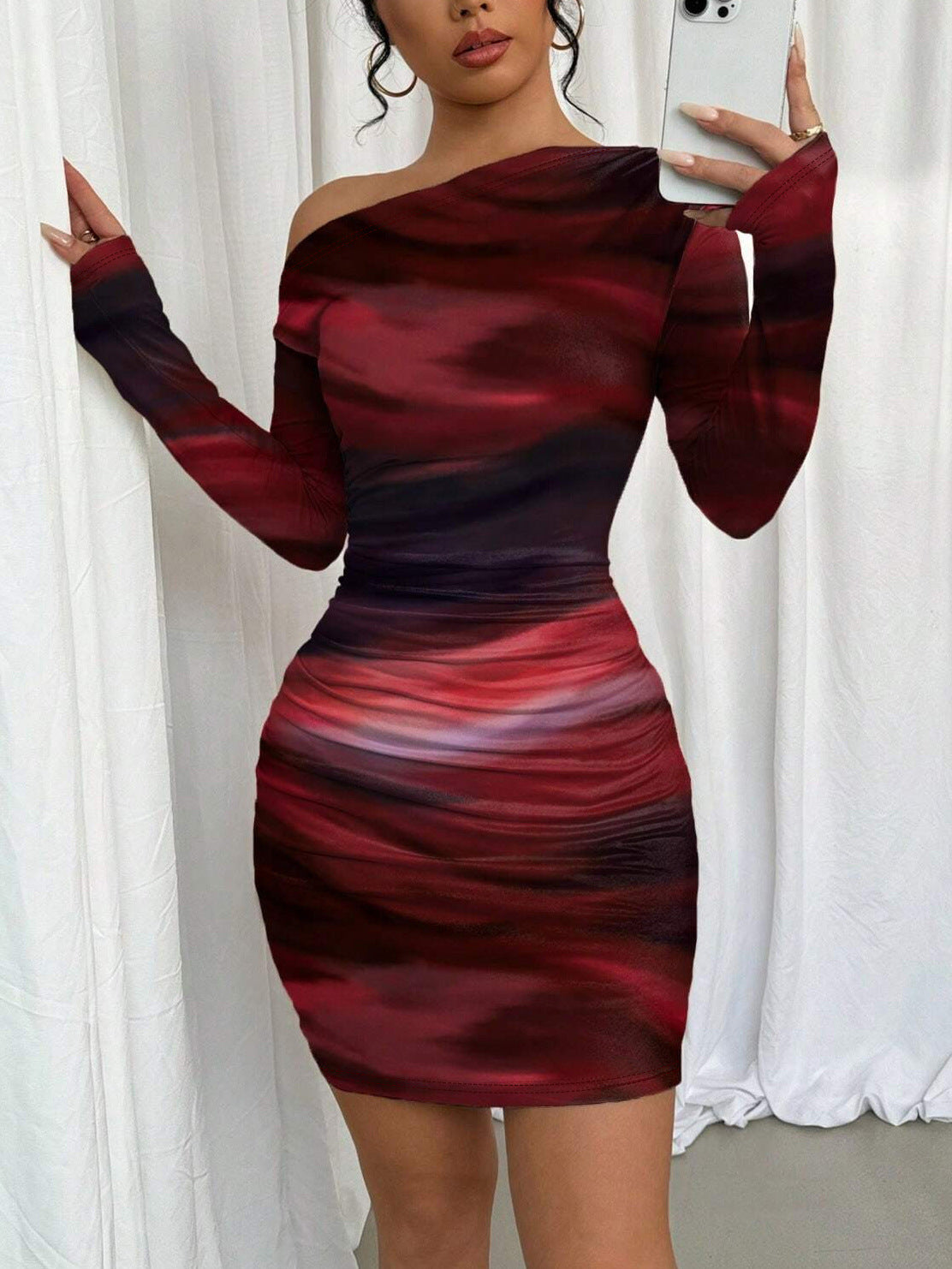 Women Printed Slash Shoulder Long Sleeve Bodycon Dress