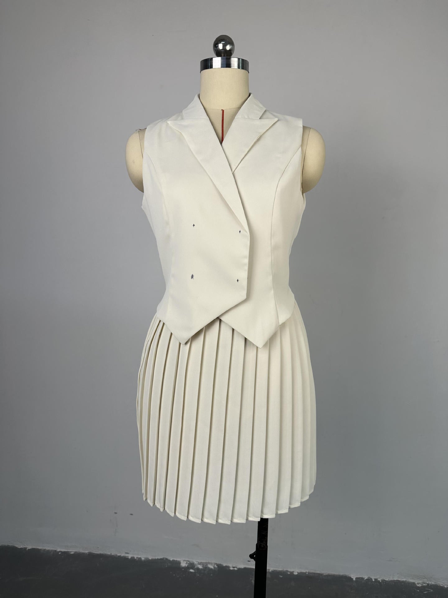 Women Summer Turndown Collar Irregular Top and Pleated Skirt Casual Two-piece Set 7