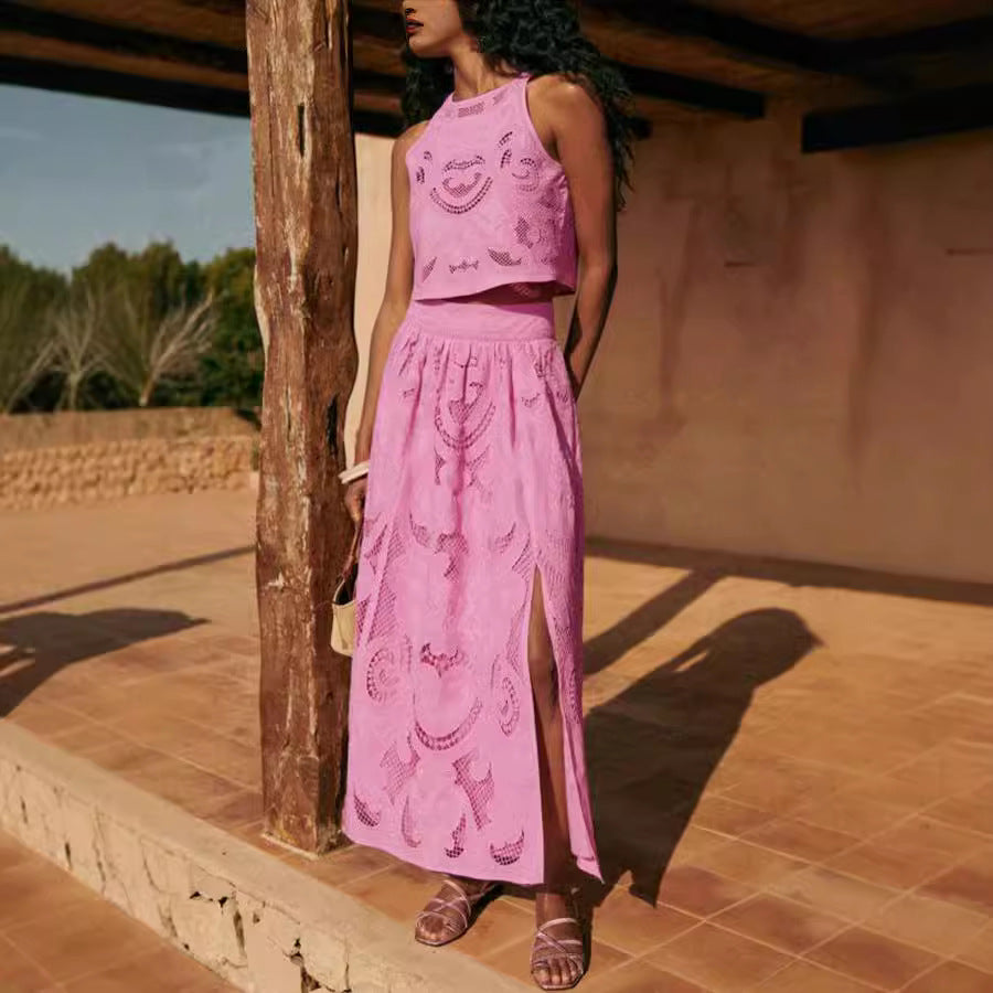 Sleeveless Hollow Casual Loose Holidays Split Two Piece Skirt Set 3