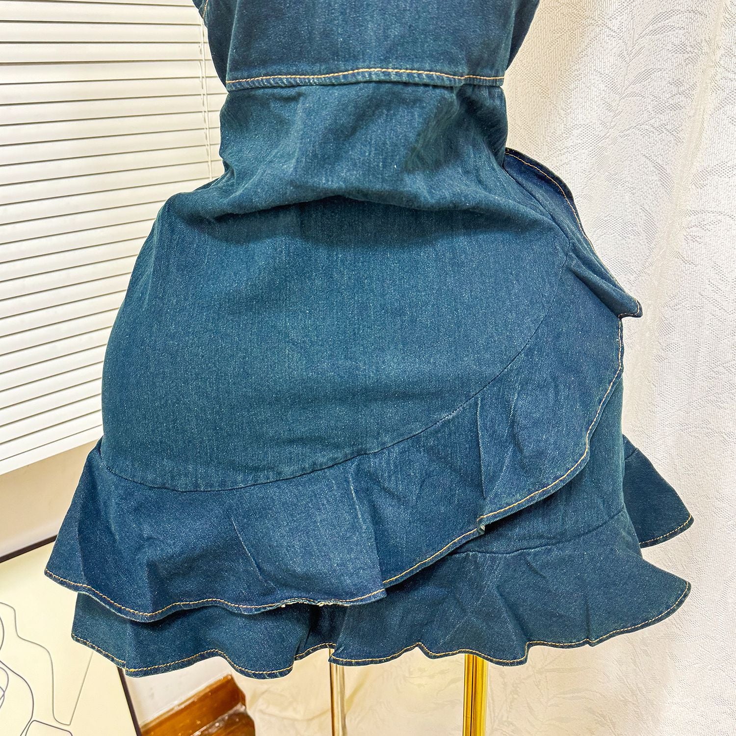 Women's Summer Elastic Slim Waist Sexy Denim Strap Ruffled Bodycon Short Dress 6