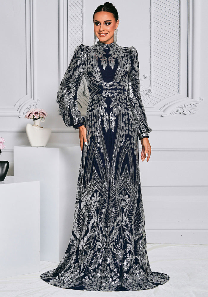 Women Sequined Long Sleeve Round Neck Formal Party Maxi Evening Dress