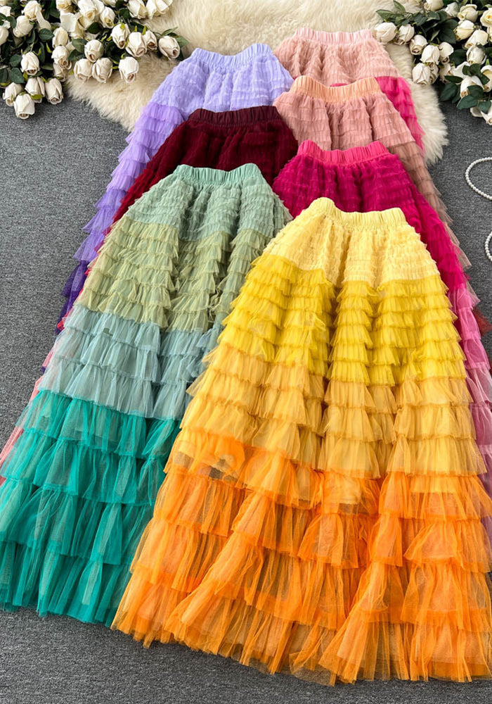 Women  Irregular Gradient Cascading Ruffles Puffy Mesh Skirt