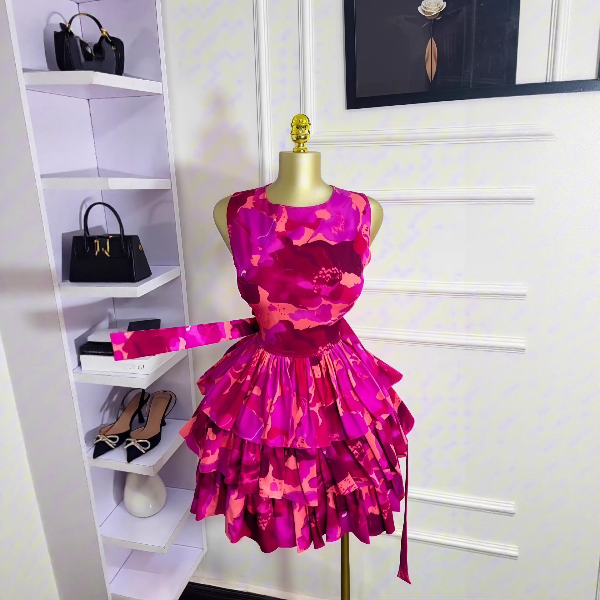 Women early fall sleeveless round neck pleated cascading ruffles dress. 3