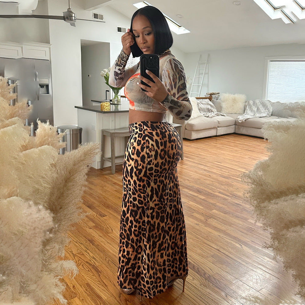 Fashion long sleeve Round Neck top slim skirt two-piece set for women 4