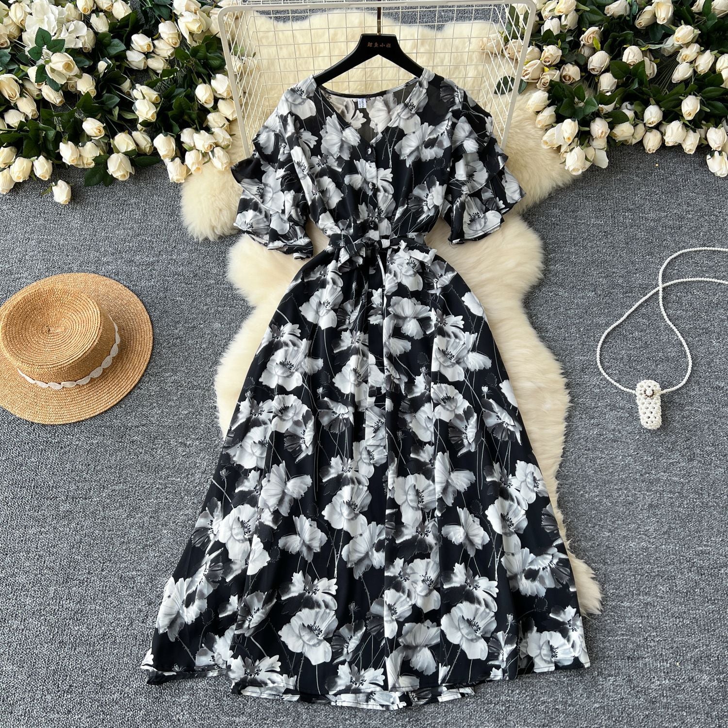 V-Neck Bell Sleeve Tie Waist A-Line Floral Dress 23