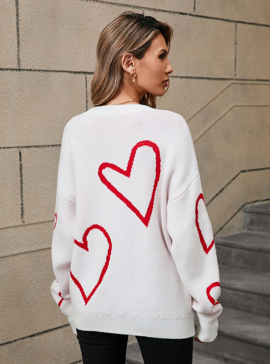 Winter sweater Heart Print Valentine's Day pullover contrast color sweater 8