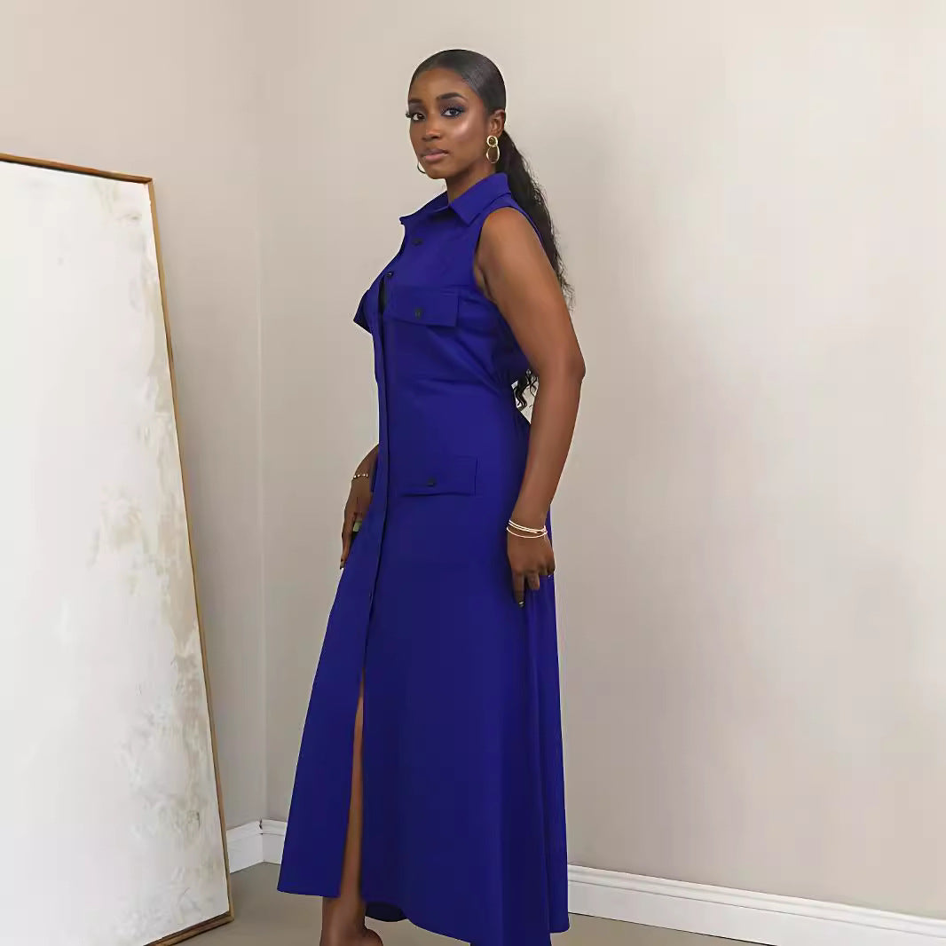 Women Turndown Collar Sleeveless Pocket Maxi Dress