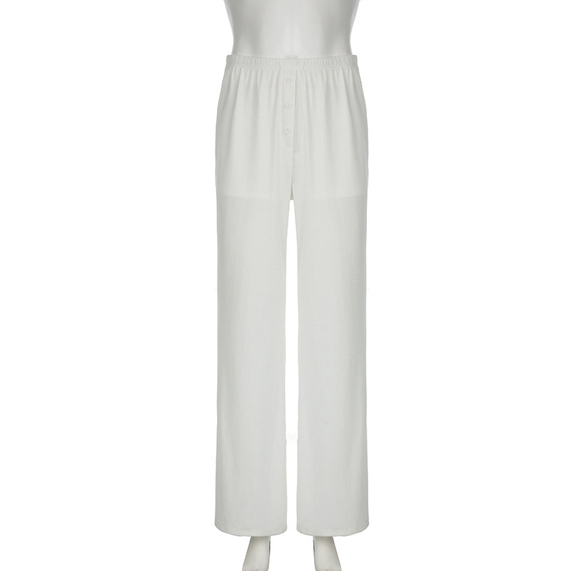 Women solid elastic waist hole material knitting Pant 4