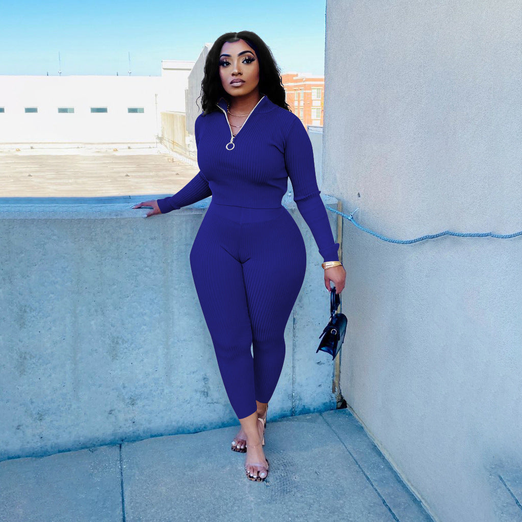 Women's Autumn Solid Color Ribbed Zipper Long Sleeve Tight Slim Sport Two Piece Pants Set 6