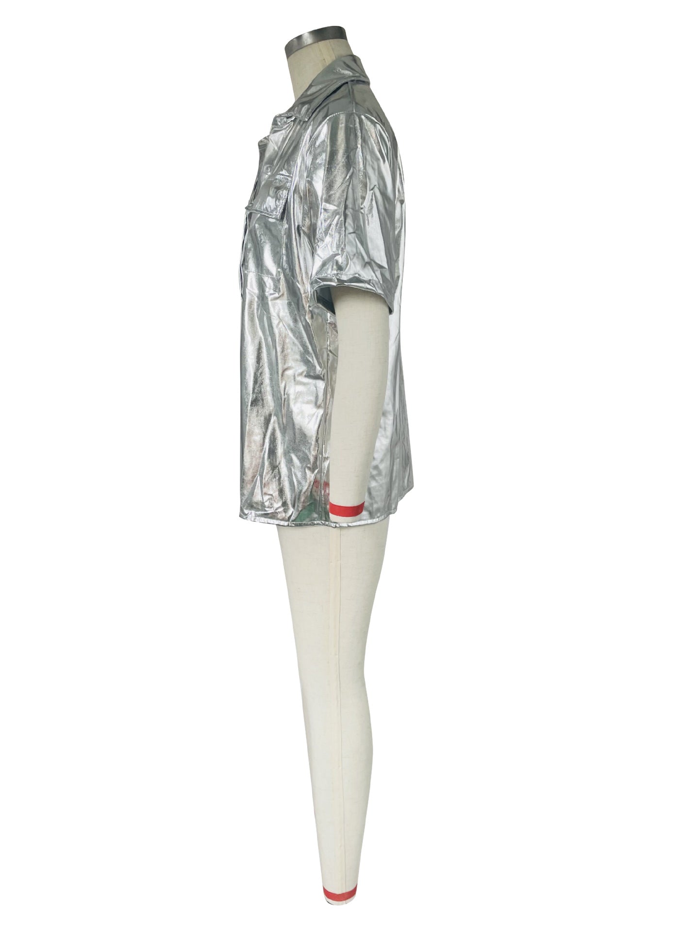 Women's Fashion Casual Shiny Faux Leather High Stretch Shirt Top 10