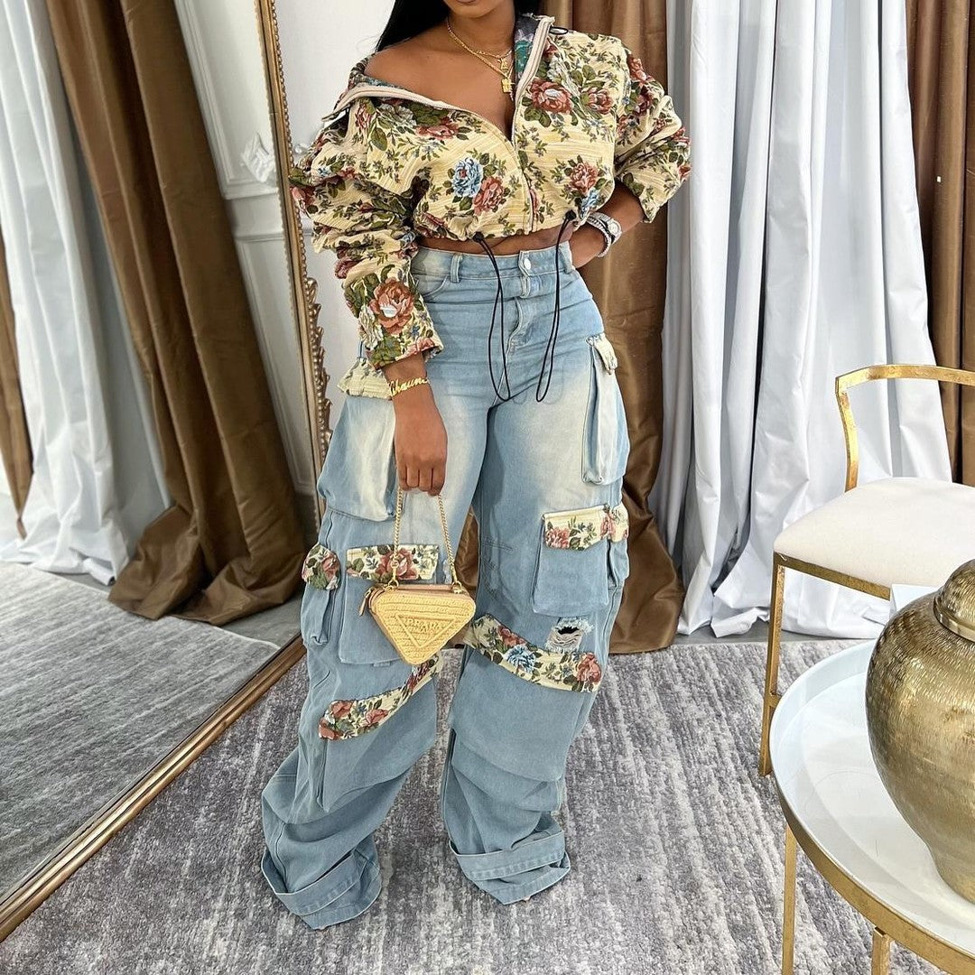 Women autumn flowers jacket and denim cargo pant two piece set 8