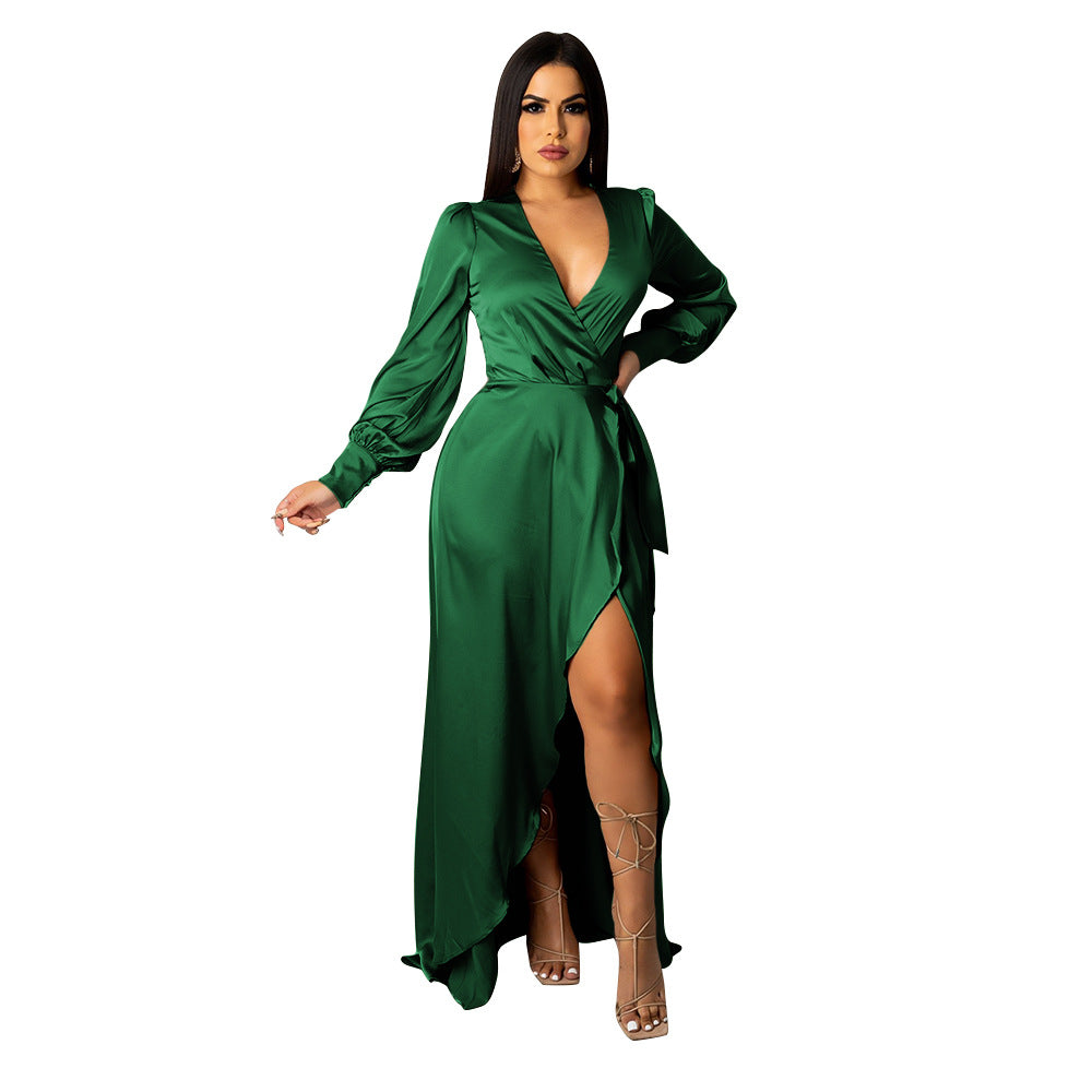 Women's Fashionable And Sexy V-Neck Solid Color Satin Lace-Up Irregular Long Dress 17