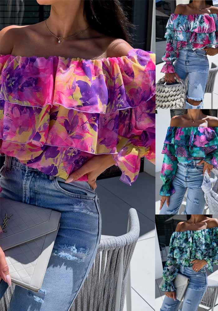 Autumn Sexy Fashion Off Shoulder Printed Shirt