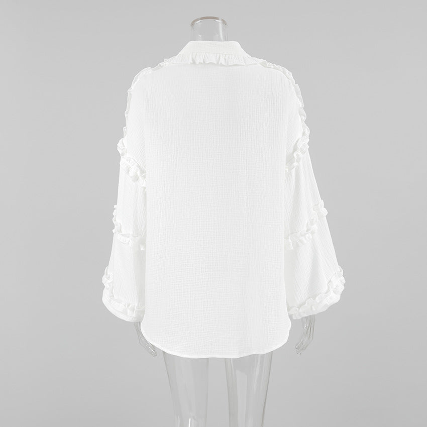 Women Spring and Summer Casual Turndown Clar Lantern Sleeve Career Shirt 10