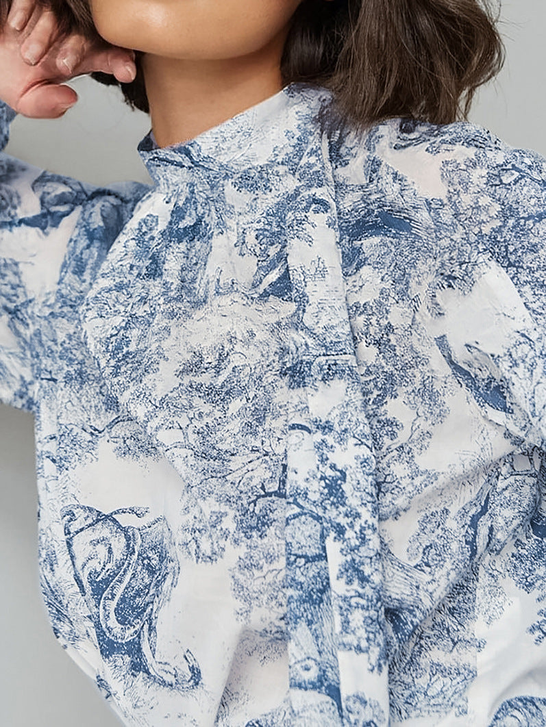 Women French loose lantern sleeves with flowing collar and printed tie shirt 4