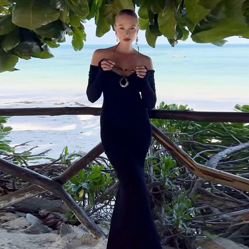 Women's autumn sexy Off Shoulder long sleeve solid color slit long dress