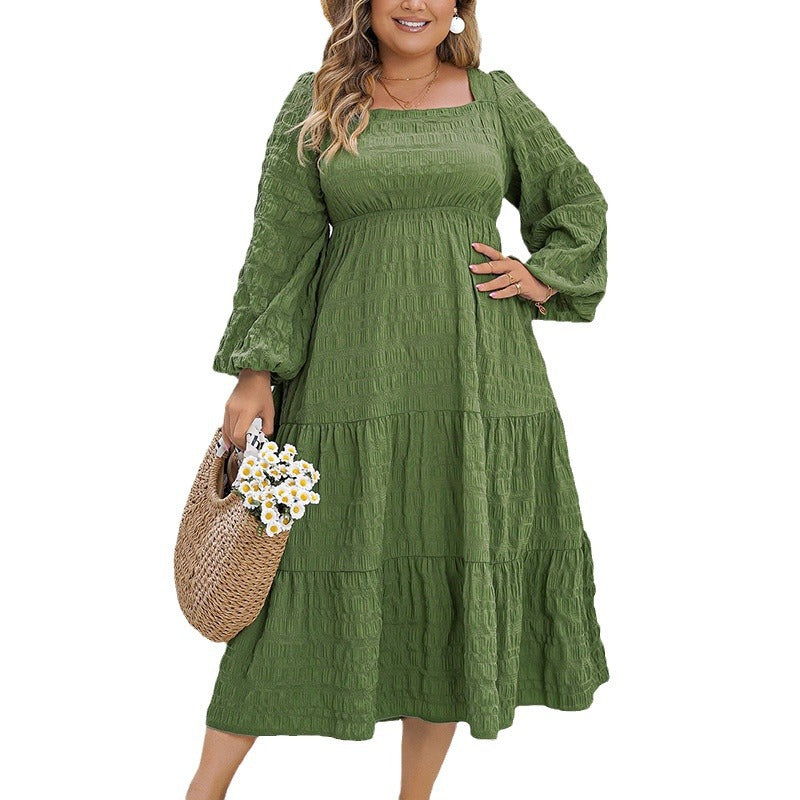 Plus Size Solid Color Loose Square Neck Slim Fit Long Sleeve Dress For Women 6