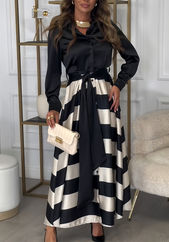 Women Autumn Fake Two-piece Long-sleeved Shirt Lace-up Striped Dress