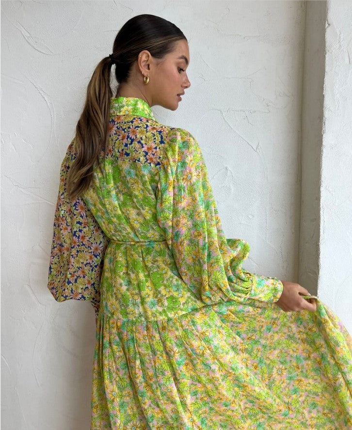 Women Floral Colorblock Balloon Sleeve Long Dress