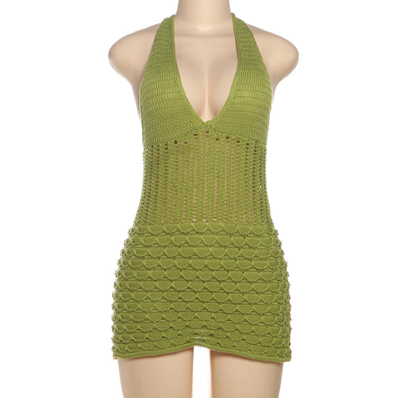 Women Summer Sexy V-Neck Halter Neck Hollow Backless Knitting Dress 9