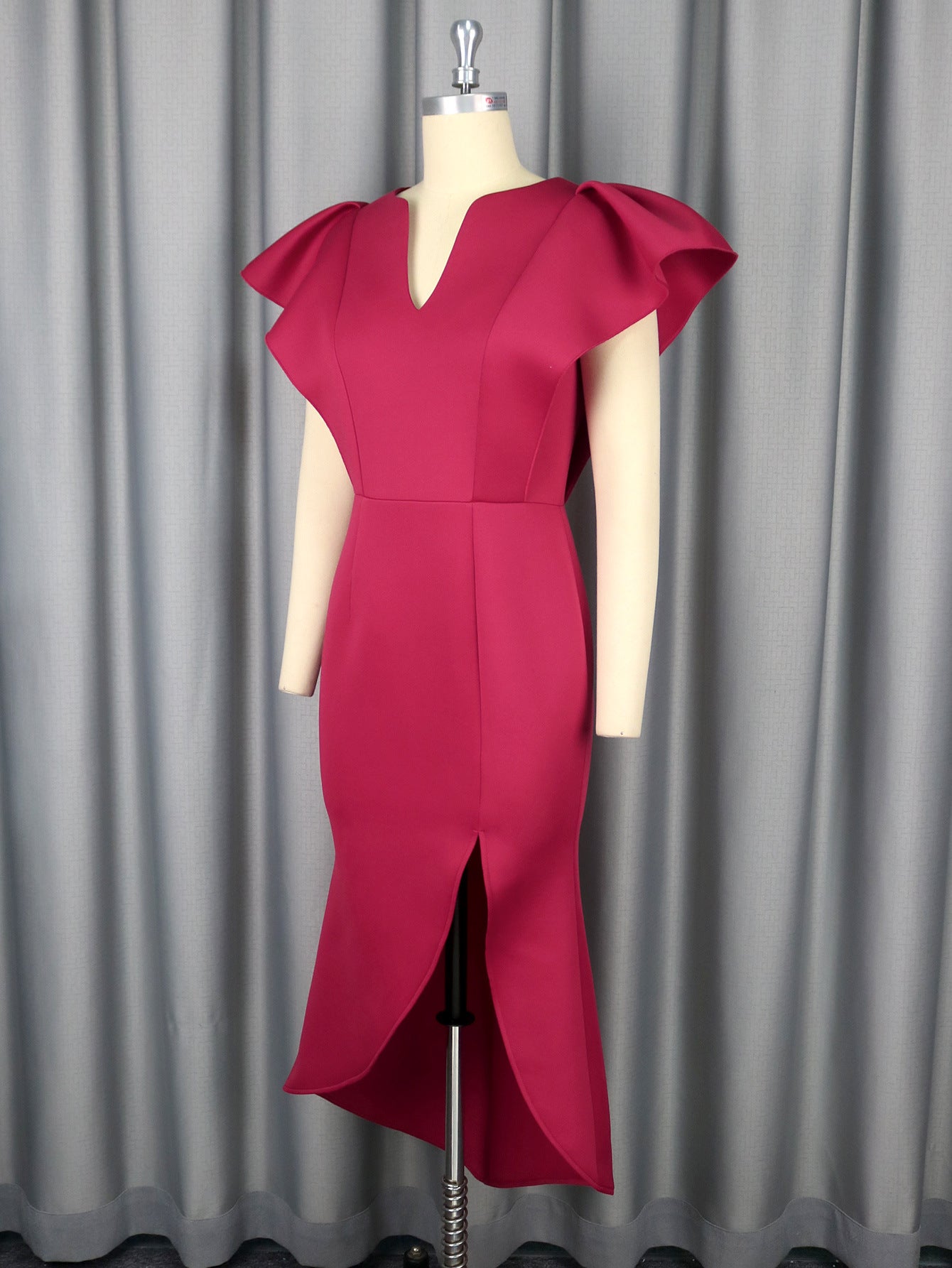 V-Neck Flying Sleeve Ruffle Patchwork Slim Bodycon Formal Party Evening Dress 4