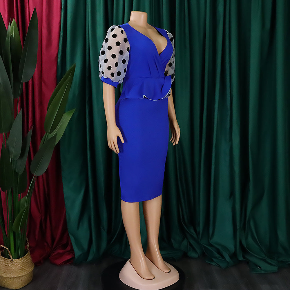 Women Summer mesh flocked puff sleeves V-neck Bodycon dress 40