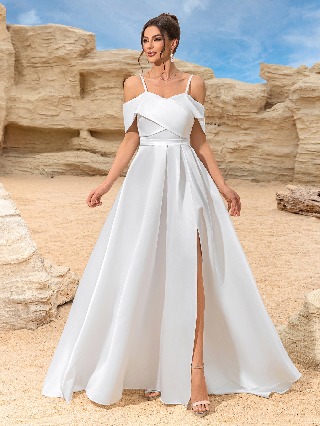 Women Slit White Off Shoulder Suspender Elegant Evening Dress 5