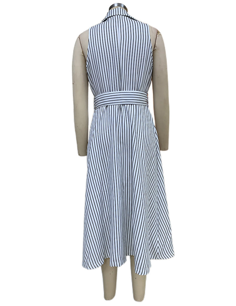 Spring Women's Fashion Chic Striped Sleeveless Turndown Collar A-Line Dress