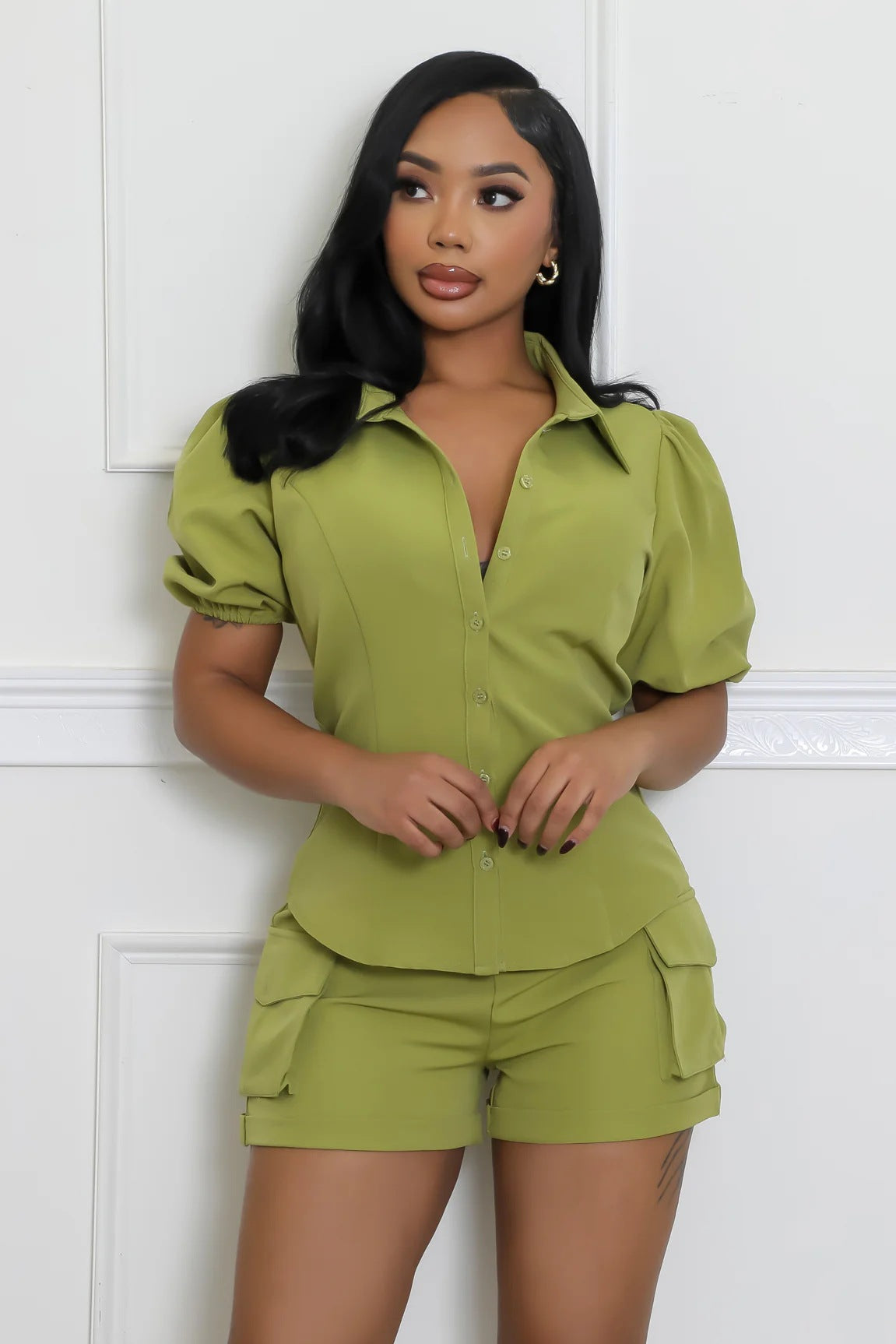 Women's Short Sleeve Turndown Collar Fashion Two-Piece SHorts Set 5