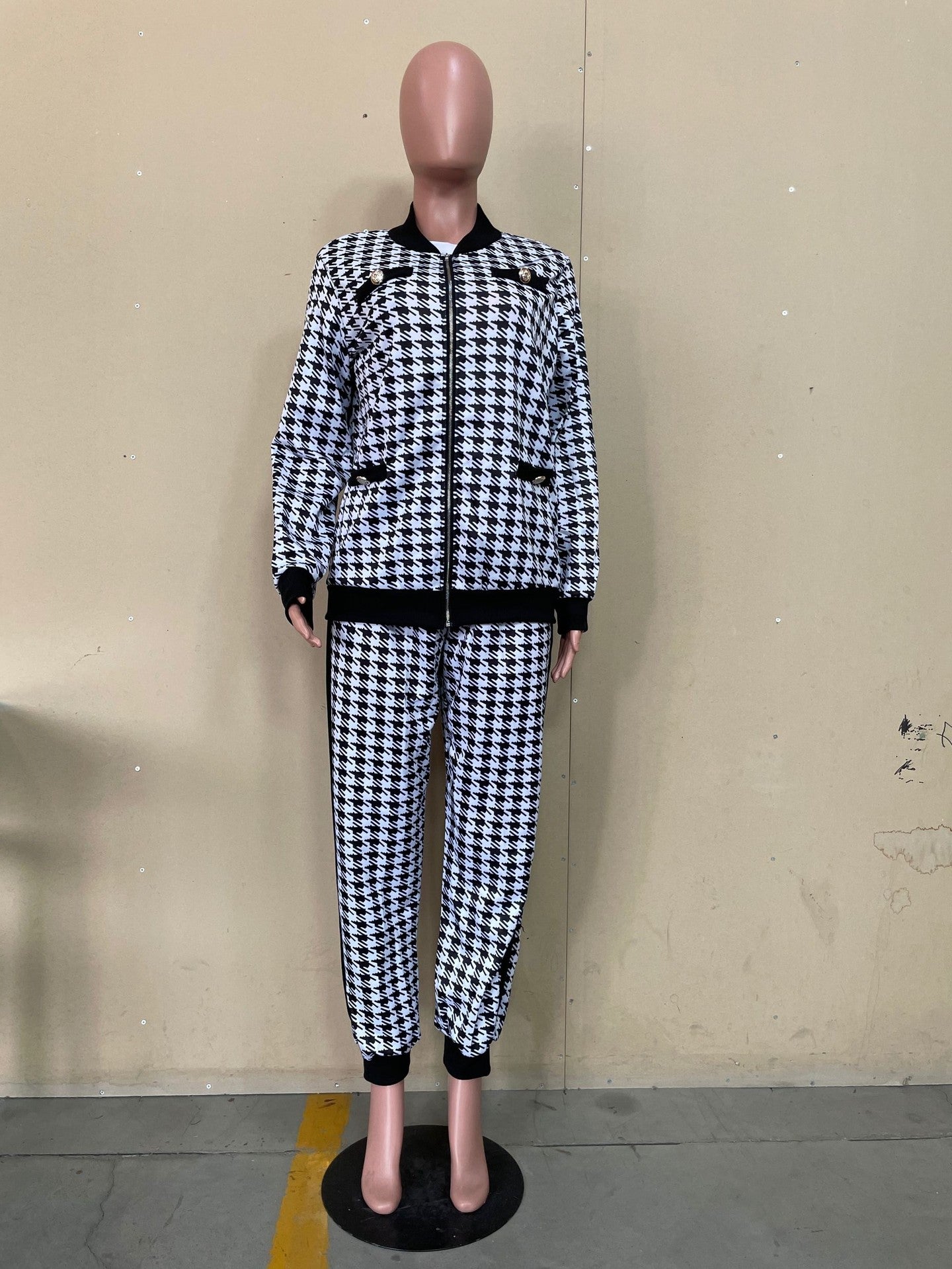 Women Casual long-sleeved Top and Pant houndstooth two-piece set 9