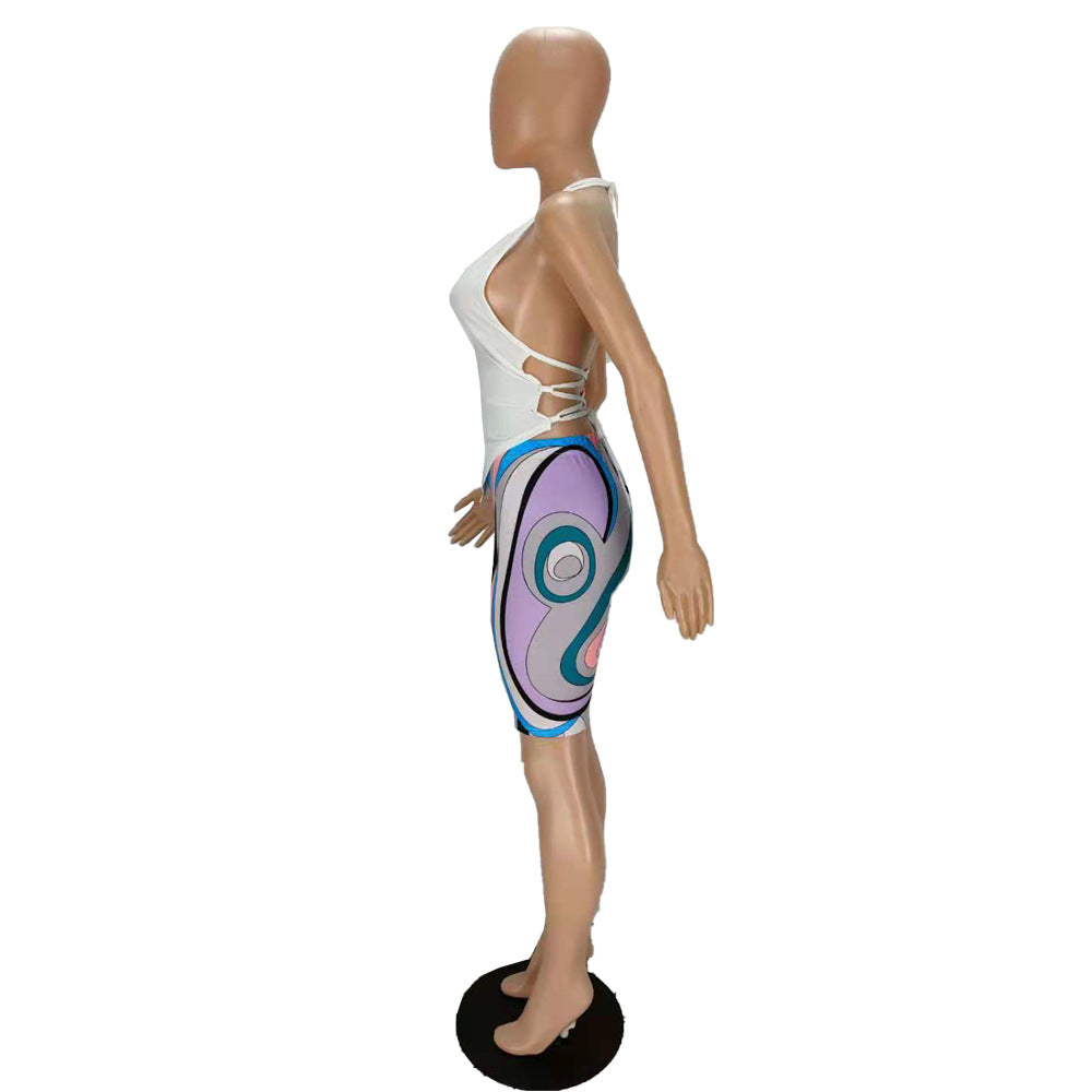 Women's Halter Neck Low Back Lace-Up Hollow Two-Piece SHorts Set 8