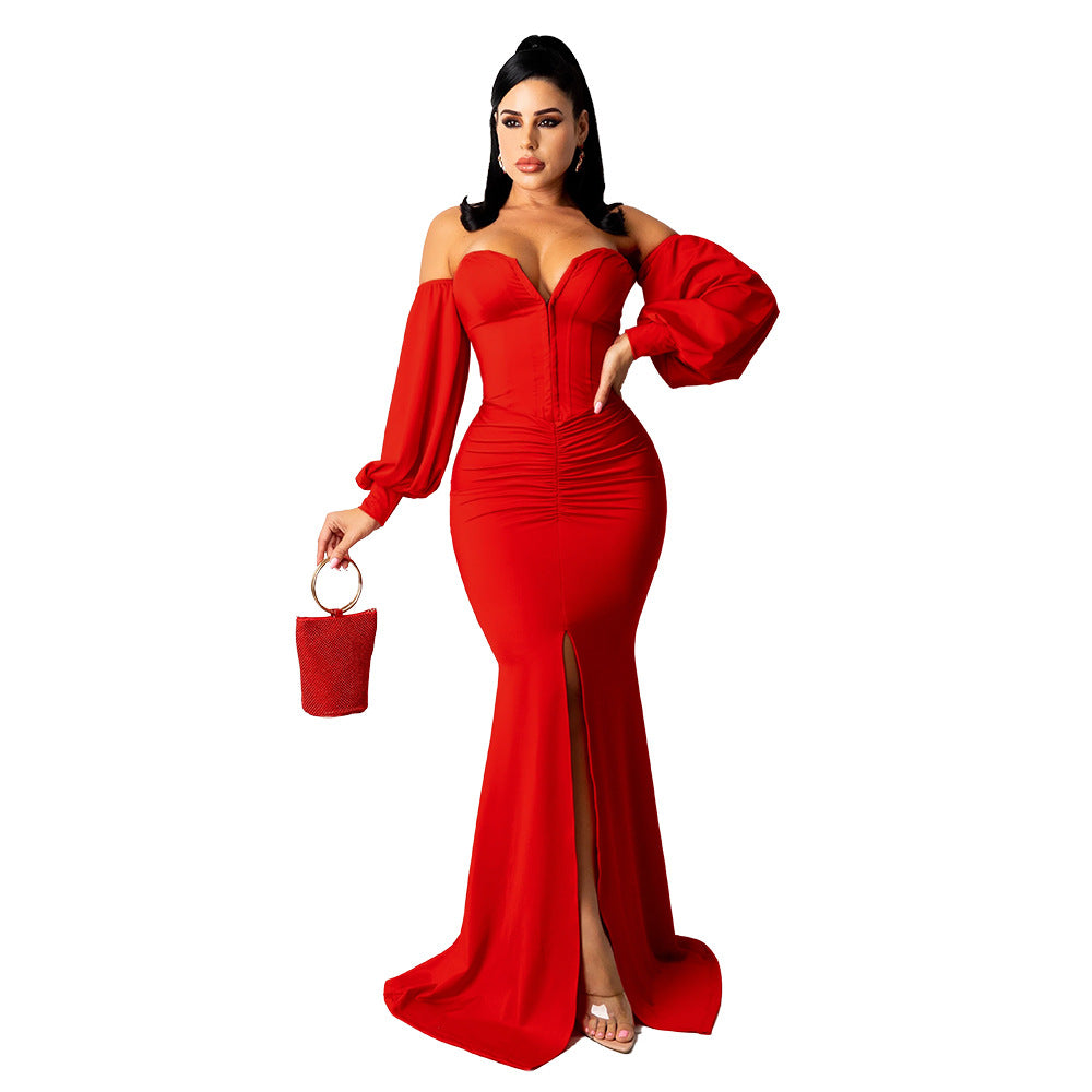 Women Solid Corset Sexy Long Sleeve Slit Party Dress 4