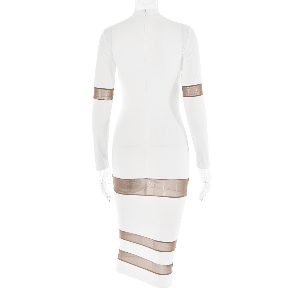 Women Round Neck Patchwork See-Through Long Sleeve Dress 13
