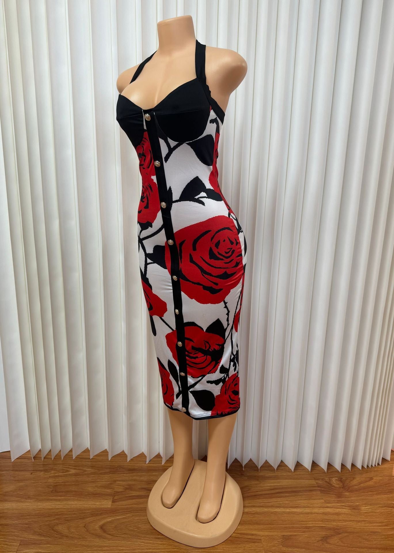 Women Rose Sexy Halter Neck Metal Button Backless Dress 7