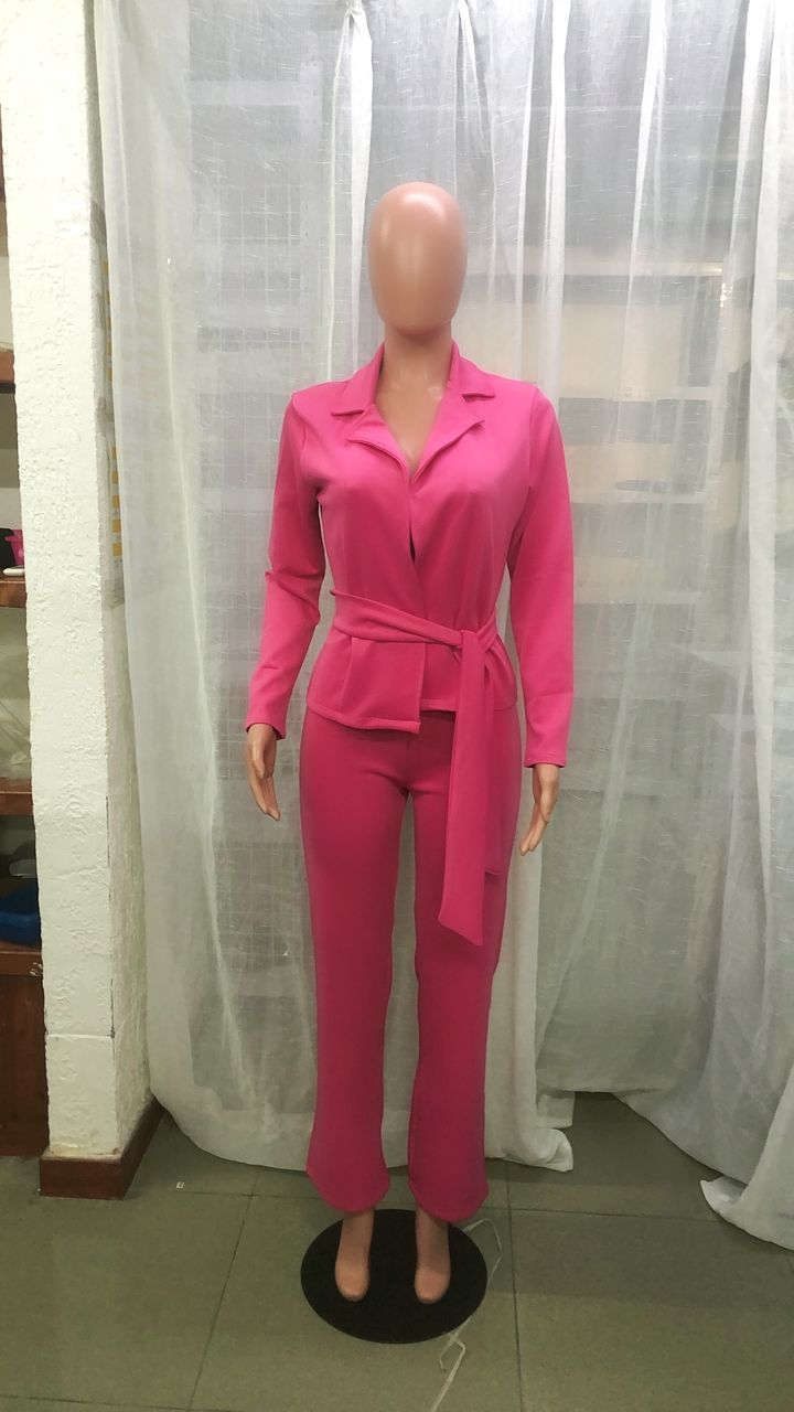 Women's Casual Professional Solid Color Slim Waist Long Sleeve Blazer Pants Two-Piece Set with Belt 13