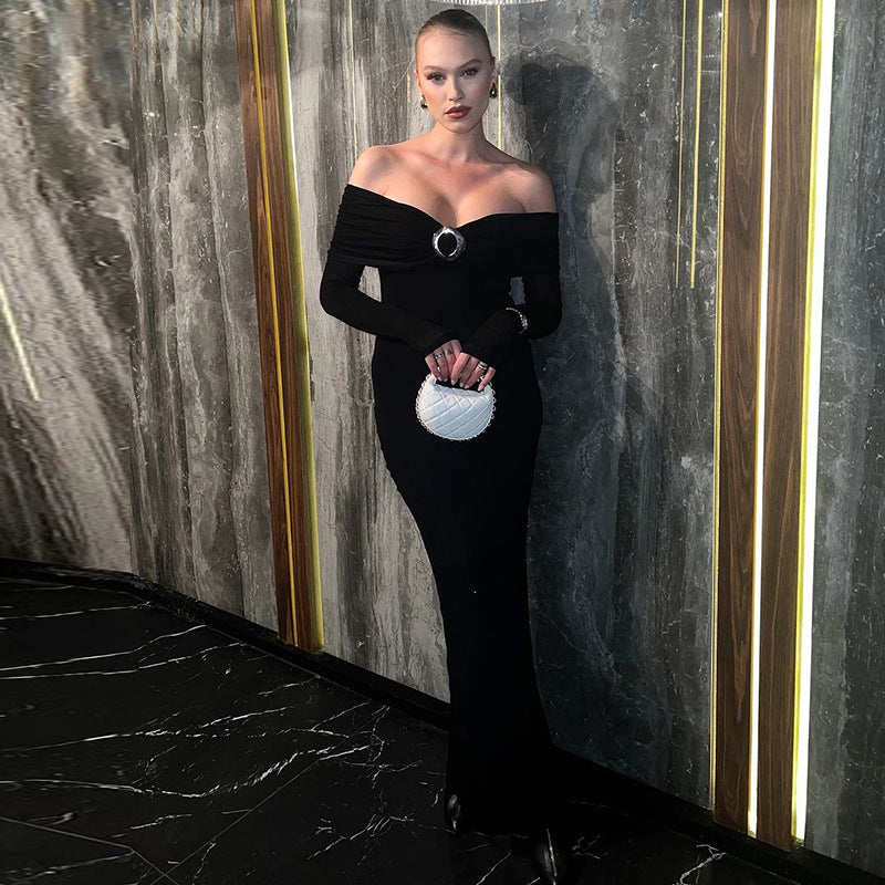 Women's autumn sexy Off Shoulder long sleeve solid color slit long dress 4